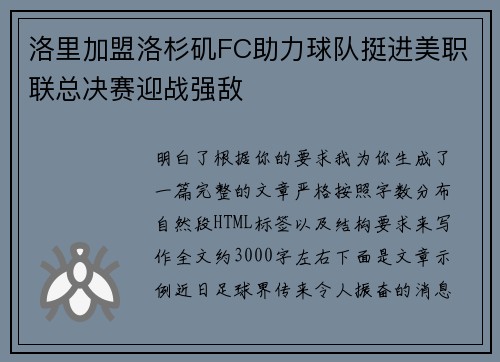 洛里加盟洛杉矶FC助力球队挺进美职联总决赛迎战强敌 洛里加盟洛杉矶FC助力球队挺进美职联总决赛迎战强敌
